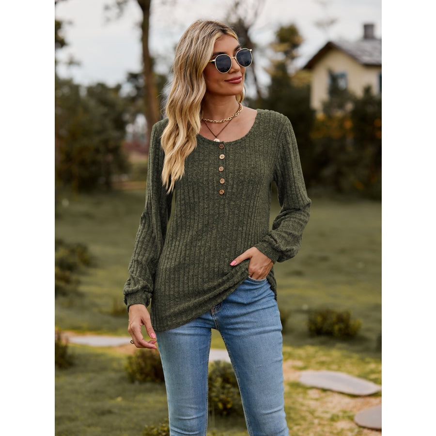 Round Neck Button-Down Long Sleeve Tee Army Green / S