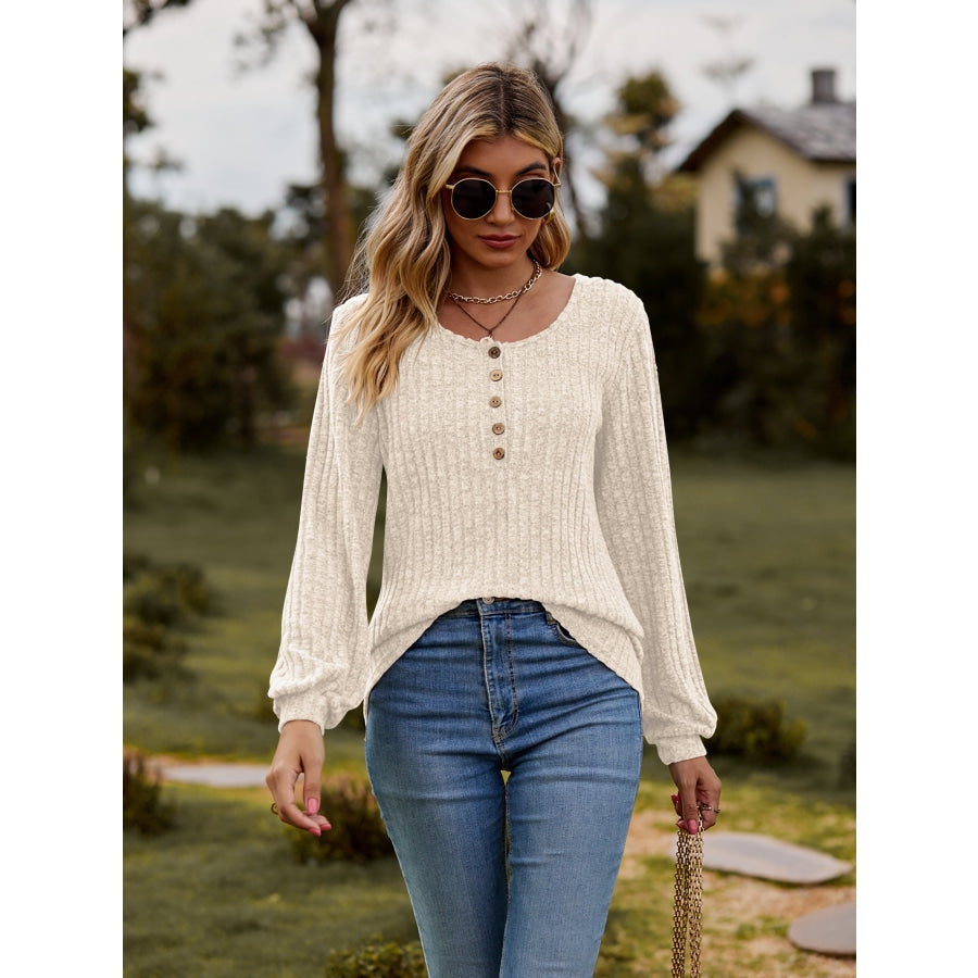 Round Neck Button-Down Long Sleeve Tee Beige / S