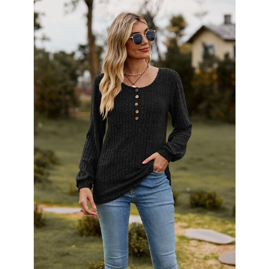 Round Neck Button-Down Long Sleeve Tee Black / S