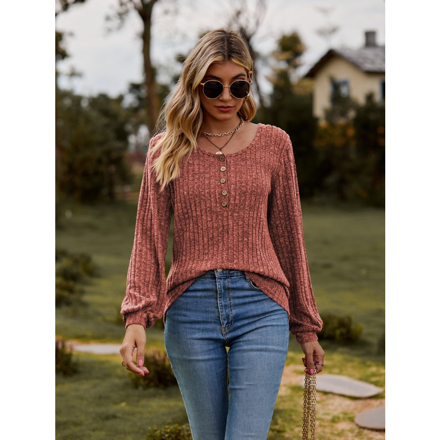 Round Neck Button-Down Long Sleeve Tee Brick Red / S