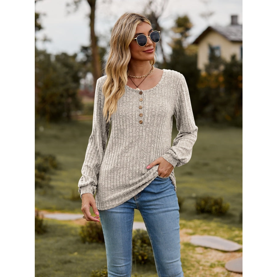 Round Neck Button-Down Long Sleeve Tee Dust Storm / S