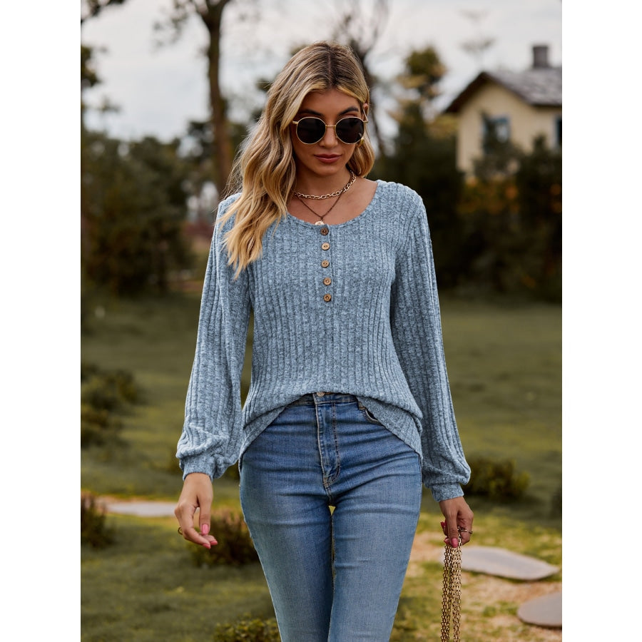 Round Neck Button-Down Long Sleeve Tee Misty Blue / S