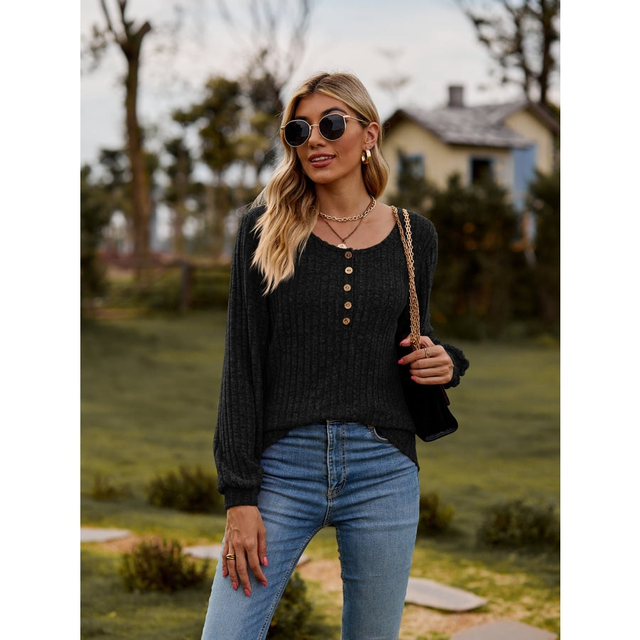 Round Neck Button-Down Long Sleeve Tee