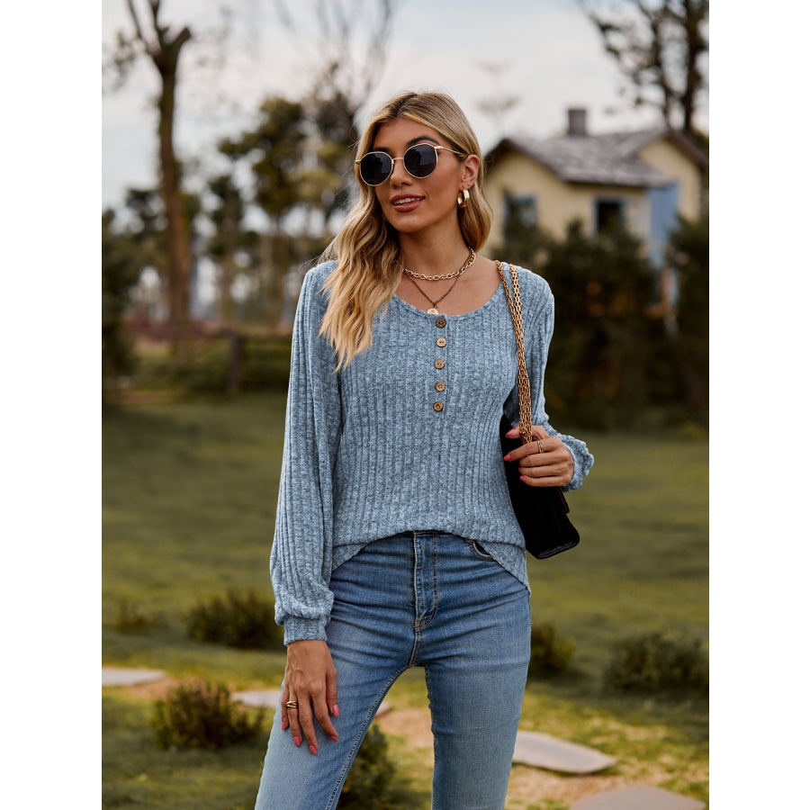 Round Neck Button-Down Long Sleeve Tee