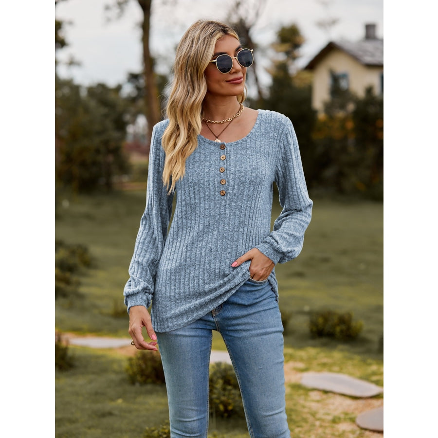 Round Neck Button-Down Long Sleeve Tee