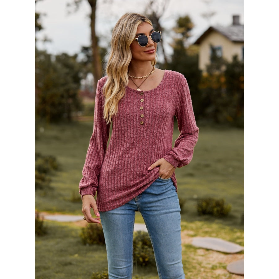 Round Neck Button-Down Long Sleeve Tee