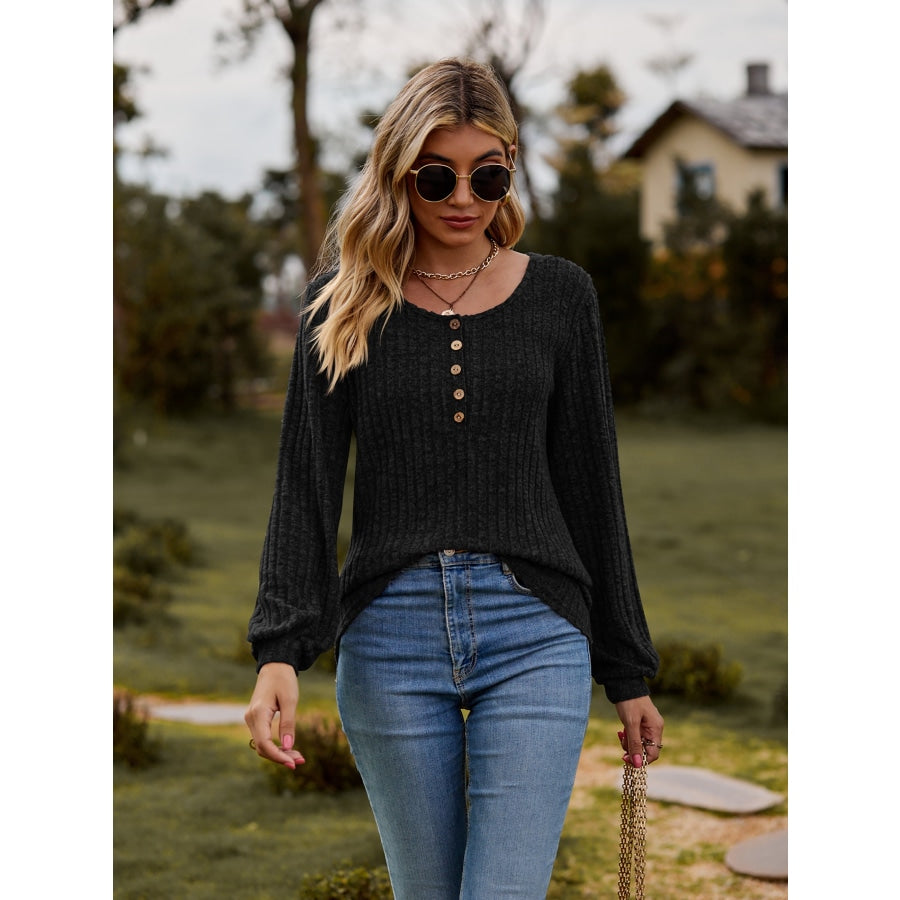 Round Neck Button-Down Long Sleeve Tee