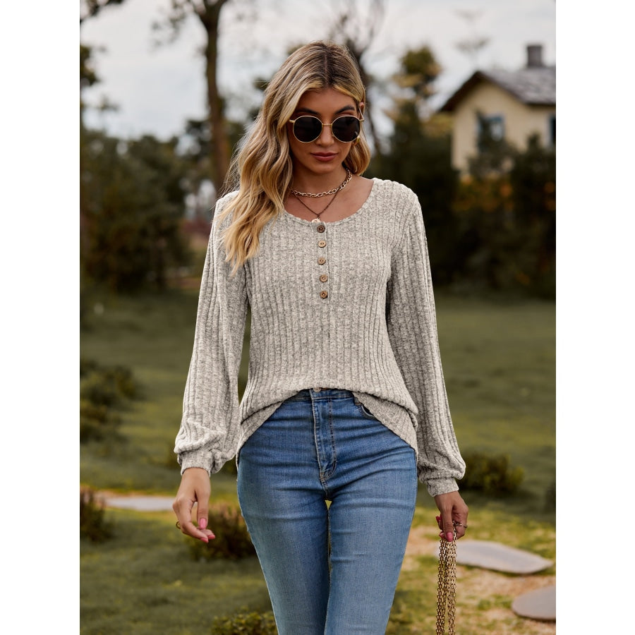 Round Neck Button-Down Long Sleeve Tee