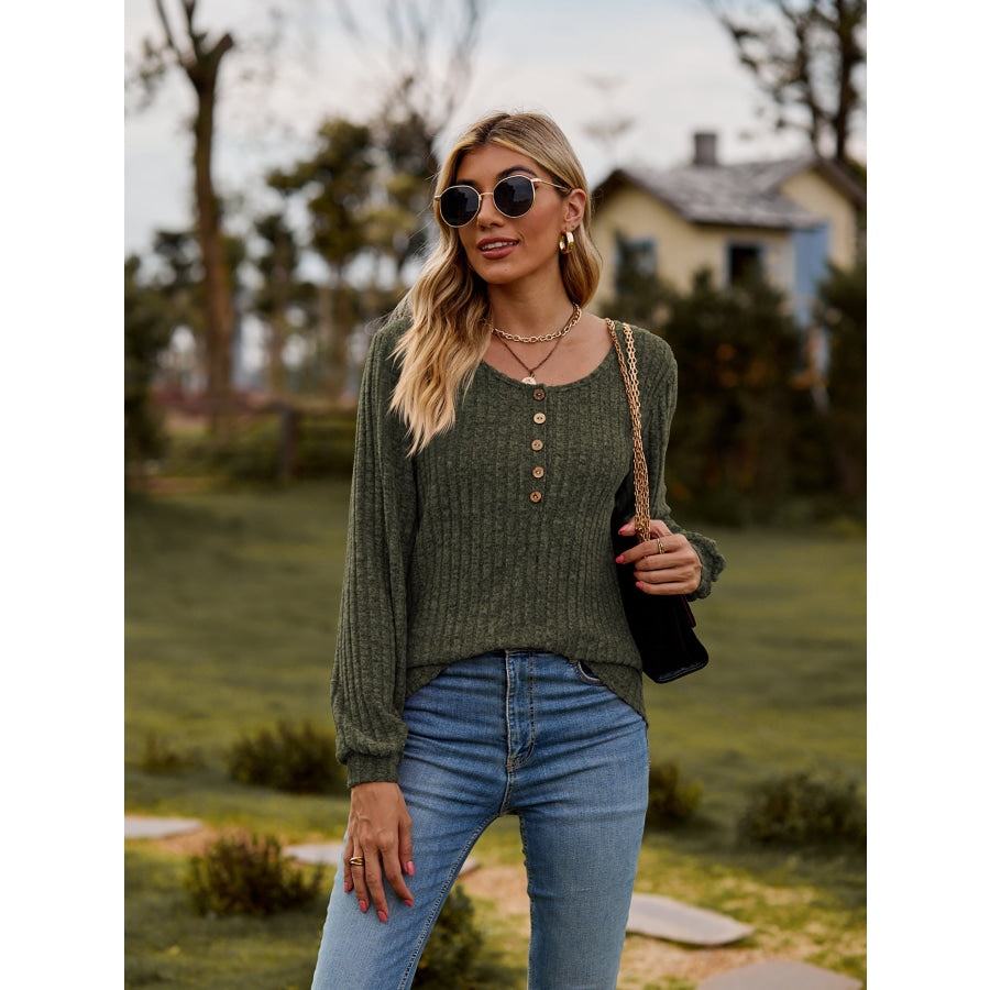 Round Neck Button-Down Long Sleeve Tee