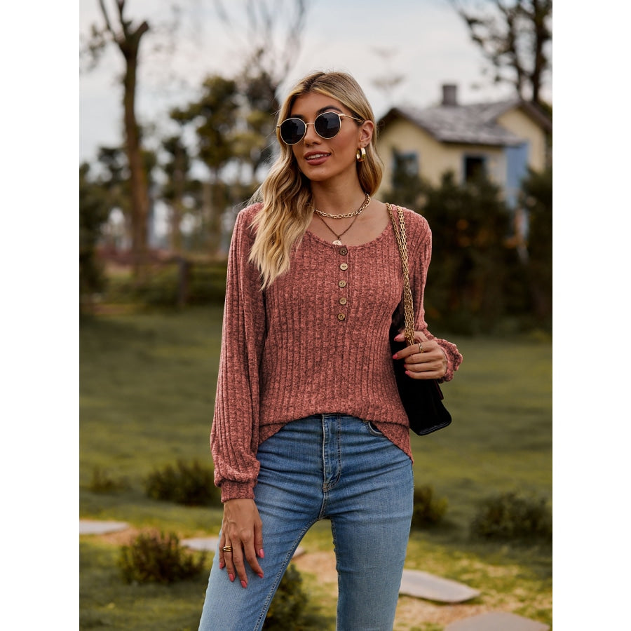 Round Neck Button-Down Long Sleeve Tee