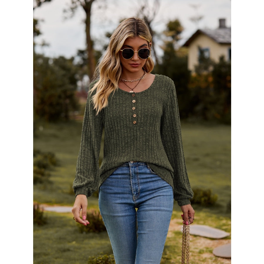 Round Neck Button-Down Long Sleeve Tee