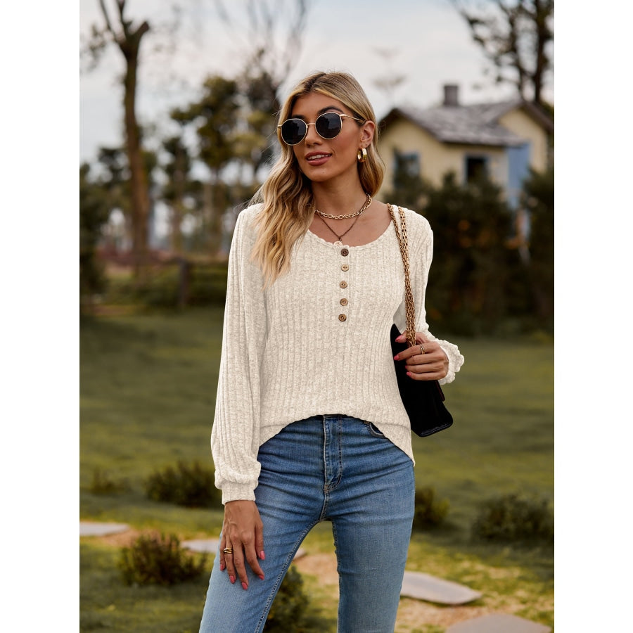 Round Neck Button-Down Long Sleeve Tee