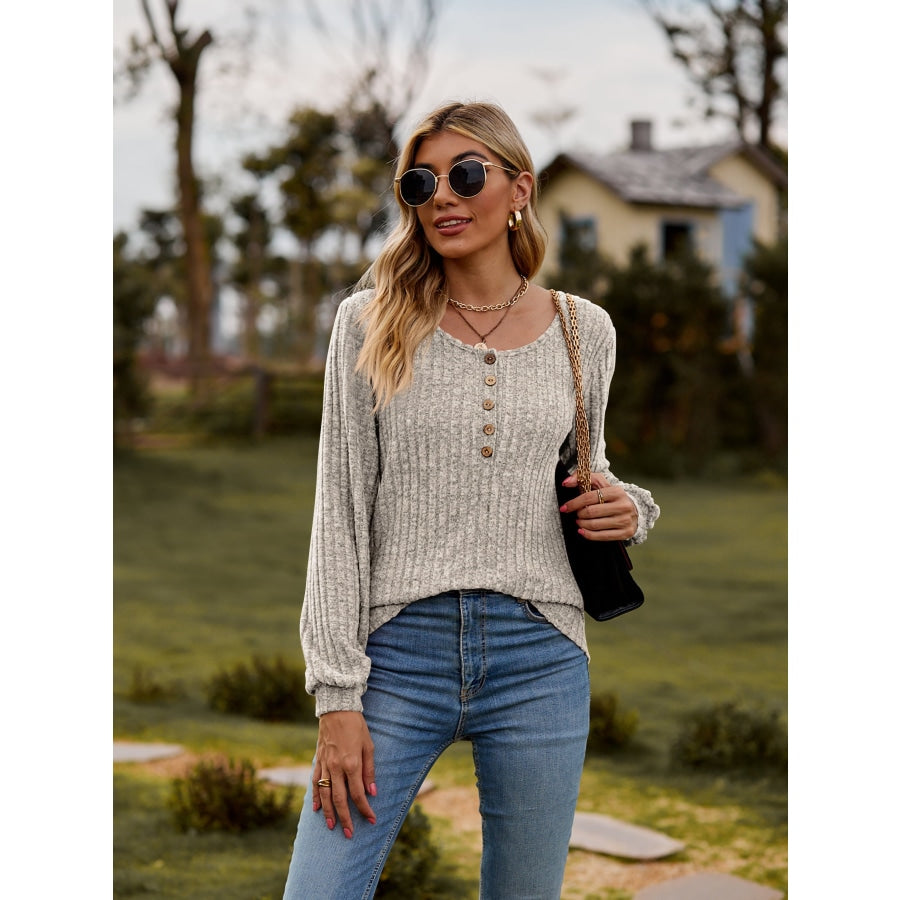 Round Neck Button-Down Long Sleeve Tee