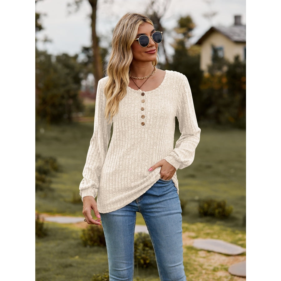 Round Neck Button-Down Long Sleeve Tee