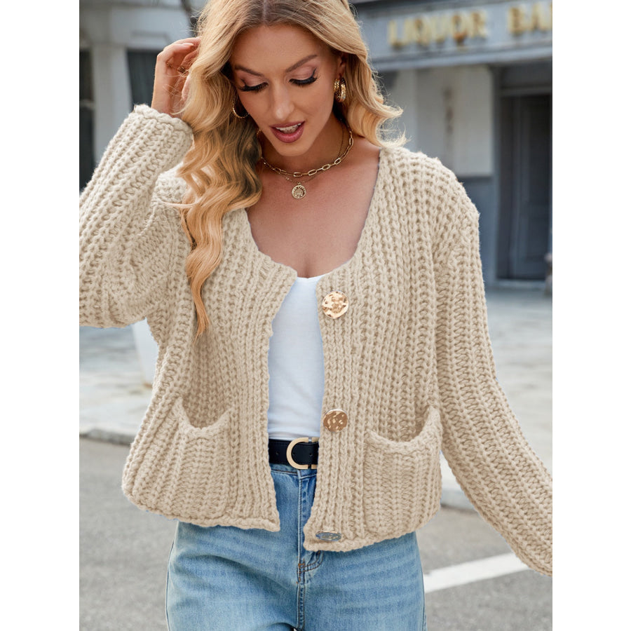 Round Neck Button Up Cardigan with Pockets Apparel and Accessories