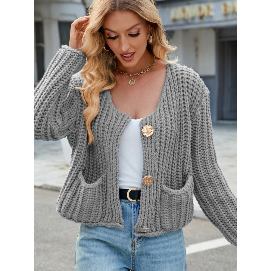 Round Neck Button Up Cardigan with Pockets Apparel and Accessories