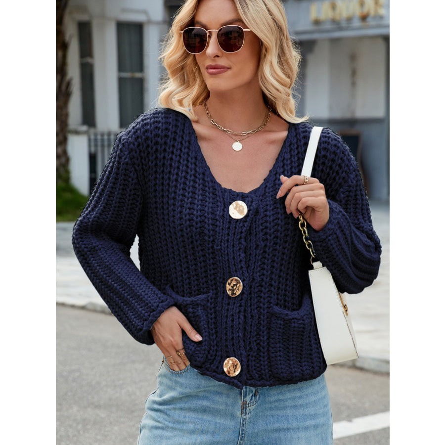 Round Neck Button Up Cardigan with Pockets Apparel and Accessories