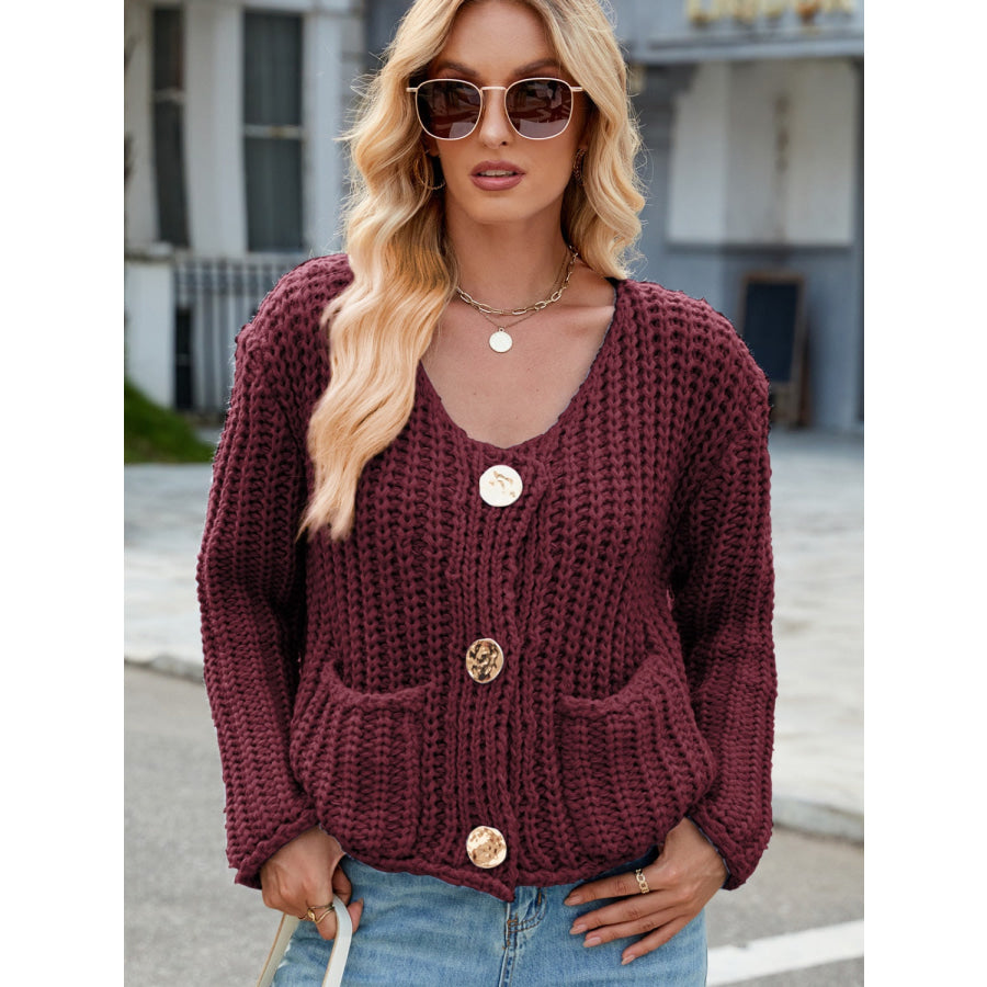 Round Neck Button Up Cardigan with Pockets Apparel and Accessories