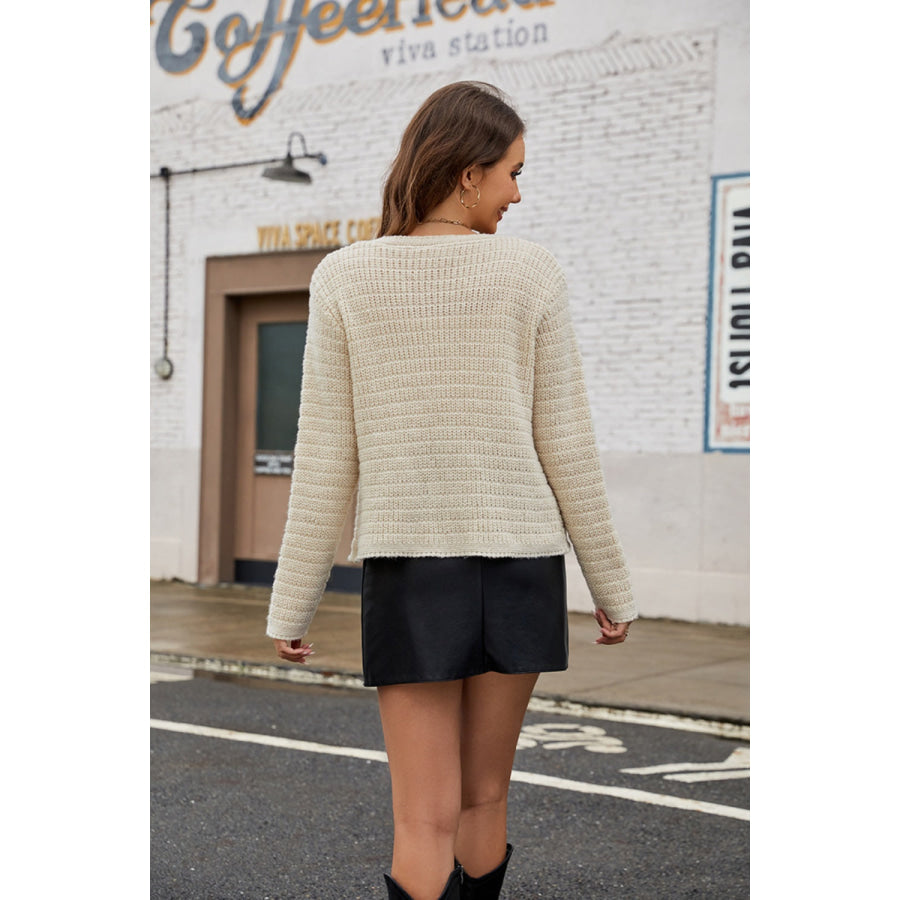 Round Neck Button Up Cardigan with Pockets Apparel and Accessories