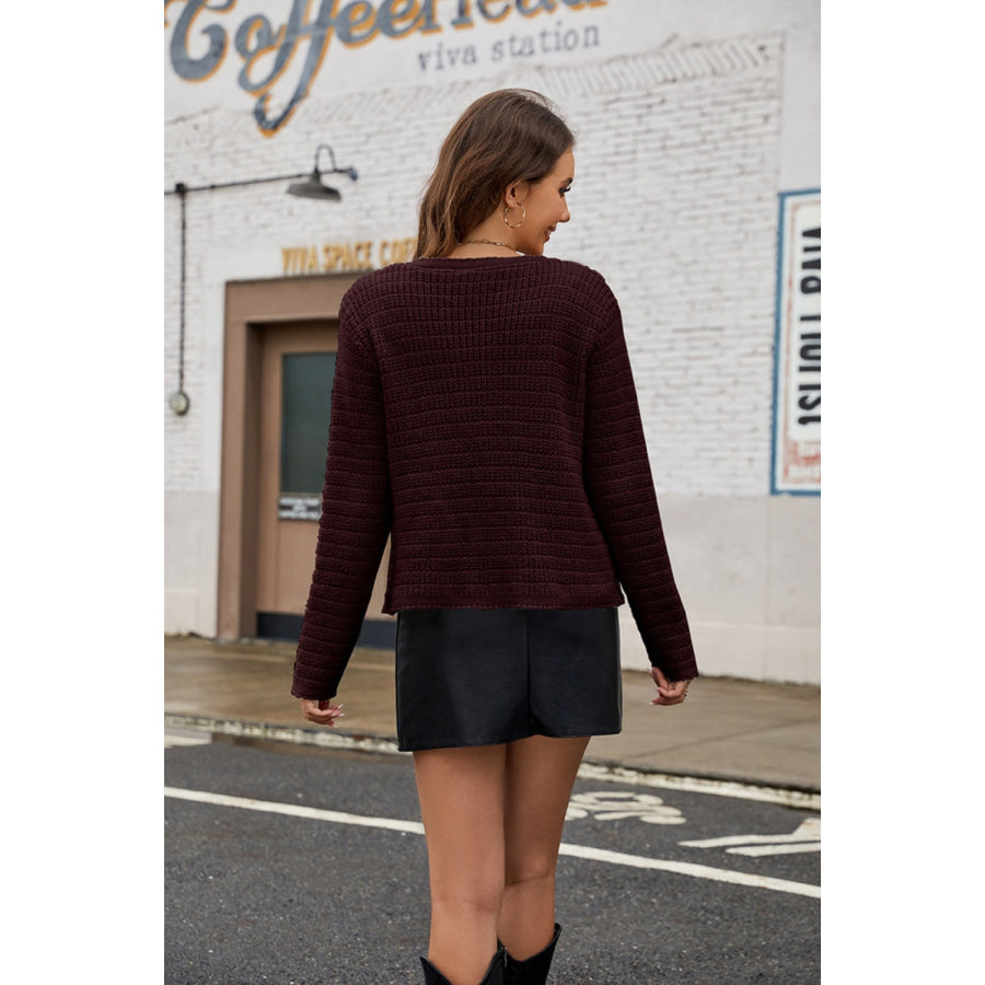 Round Neck Button Up Cardigan with Pockets Apparel and Accessories