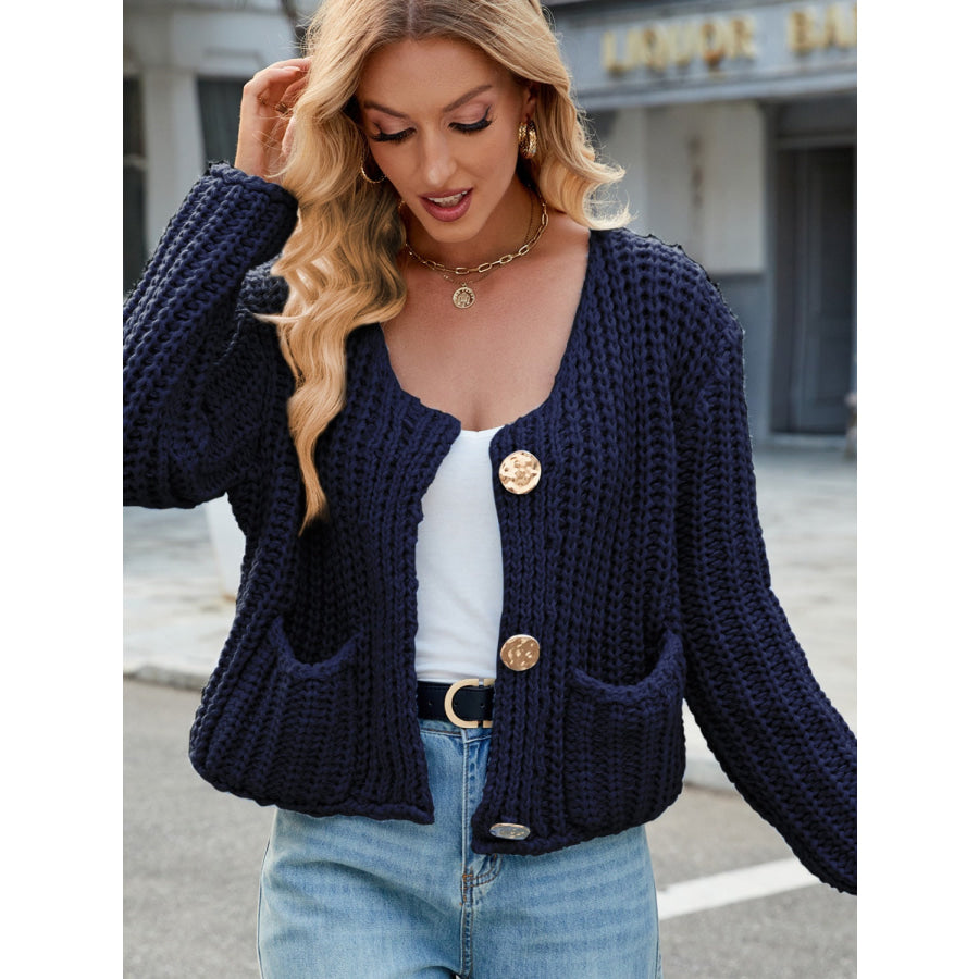 Round Neck Button Up Cardigan with Pockets Apparel and Accessories