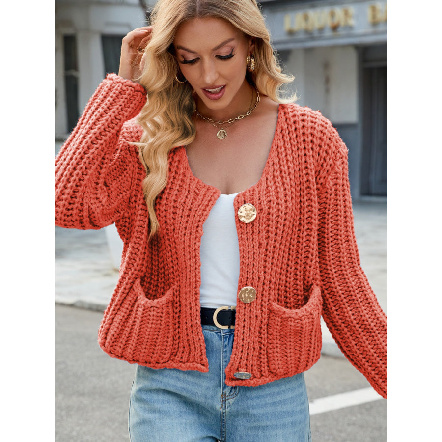 Round Neck Button Up Cardigan with Pockets Apparel and Accessories