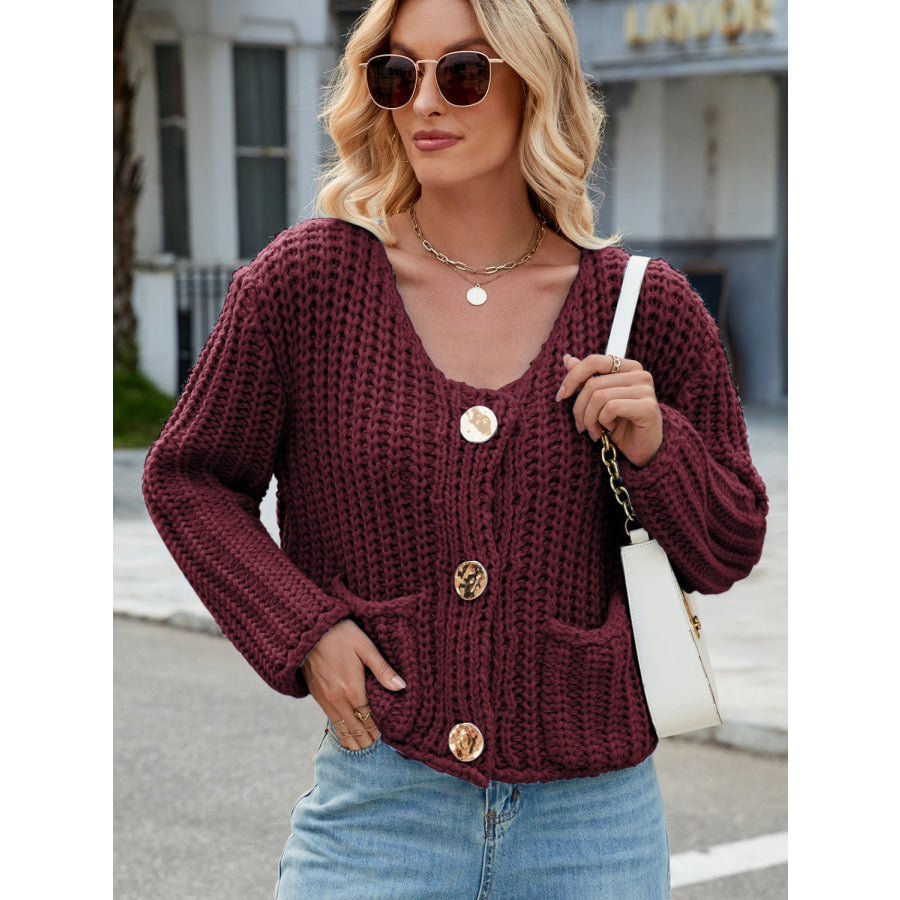 Round Neck Button Up Cardigan with Pockets Apparel and Accessories