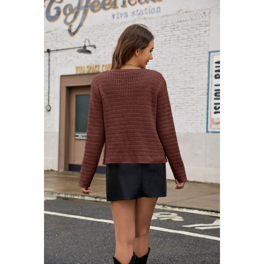 Round Neck Button Up Cardigan with Pockets Apparel and Accessories