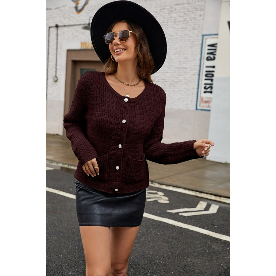 Round Neck Button Up Cardigan with Pockets Apparel and Accessories