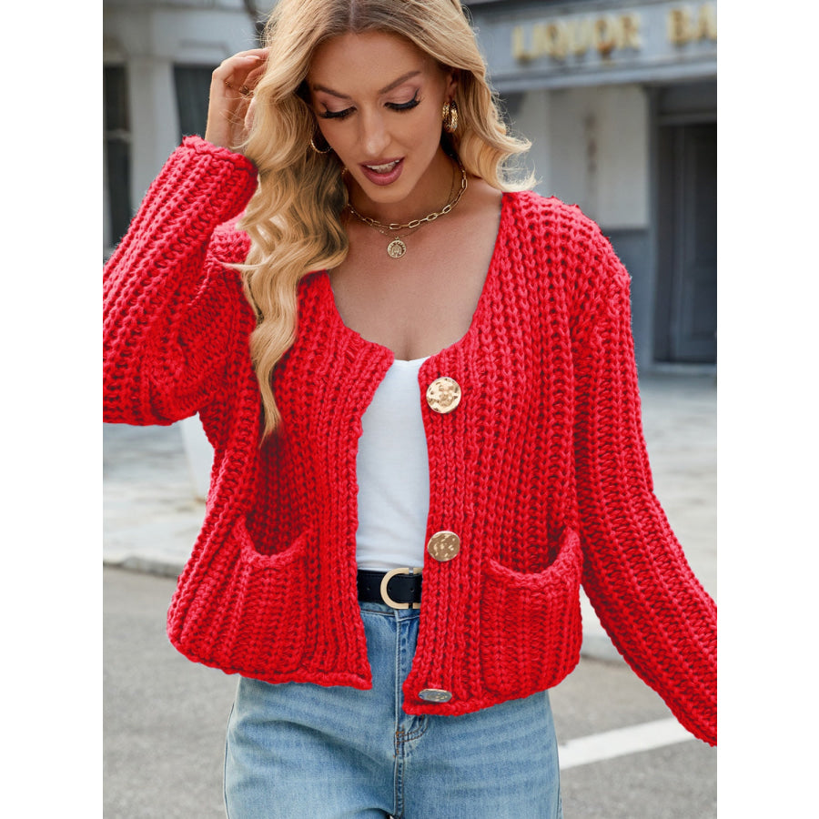 Round Neck Button Up Cardigan with Pockets Apparel and Accessories