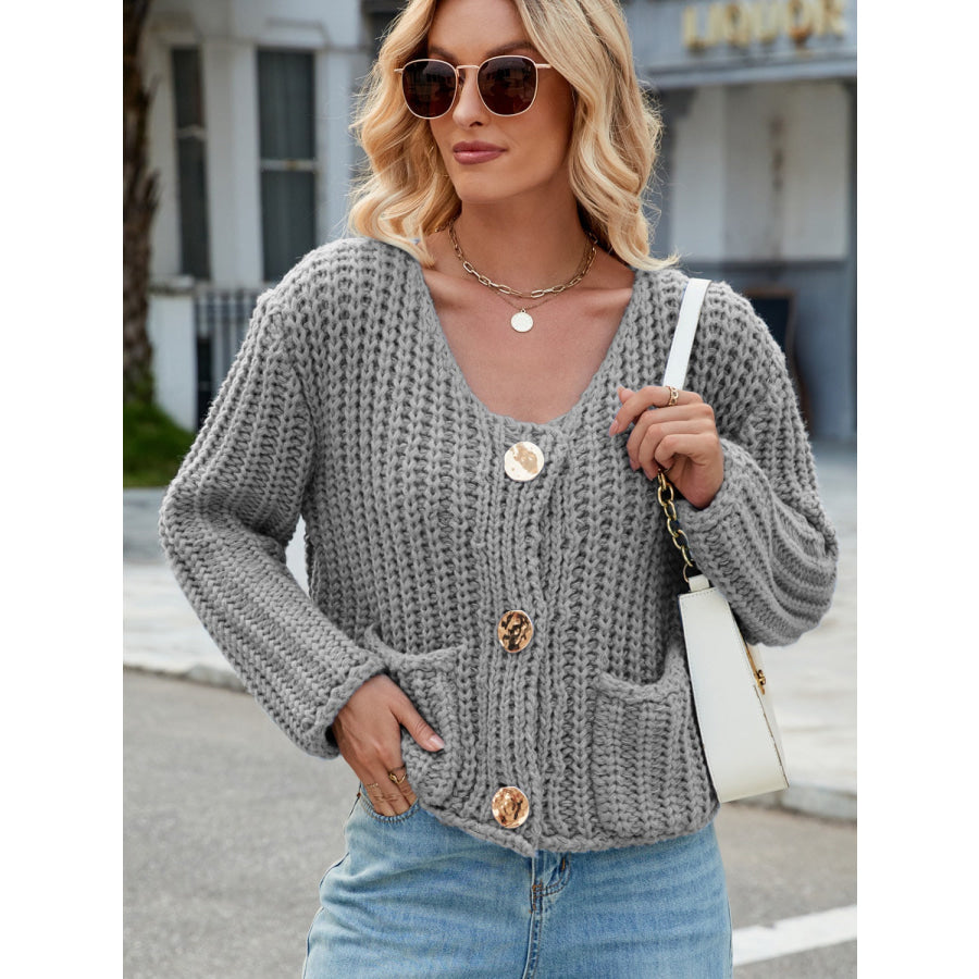 Round Neck Button Up Cardigan with Pockets Apparel and Accessories