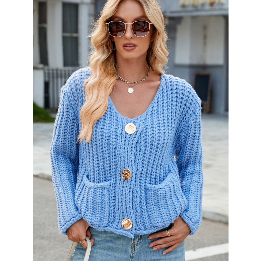 Round Neck Button Up Cardigan with Pockets Apparel and Accessories