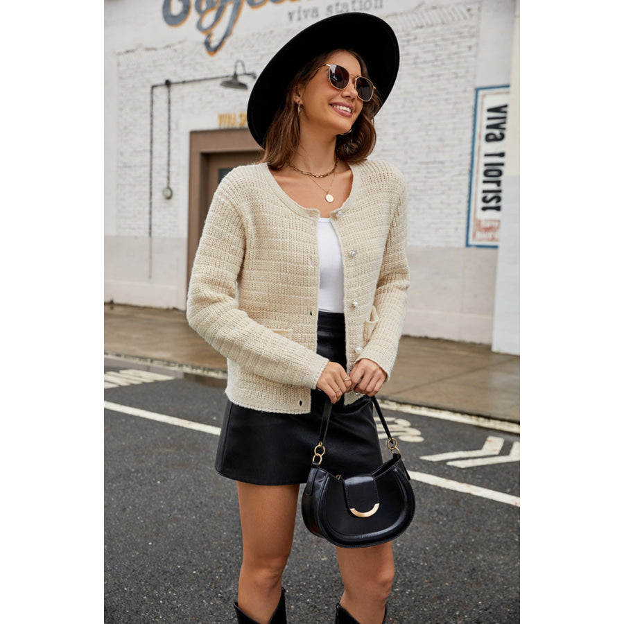 Round Neck Button Up Cardigan with Pockets Beige / S Apparel and Accessories
