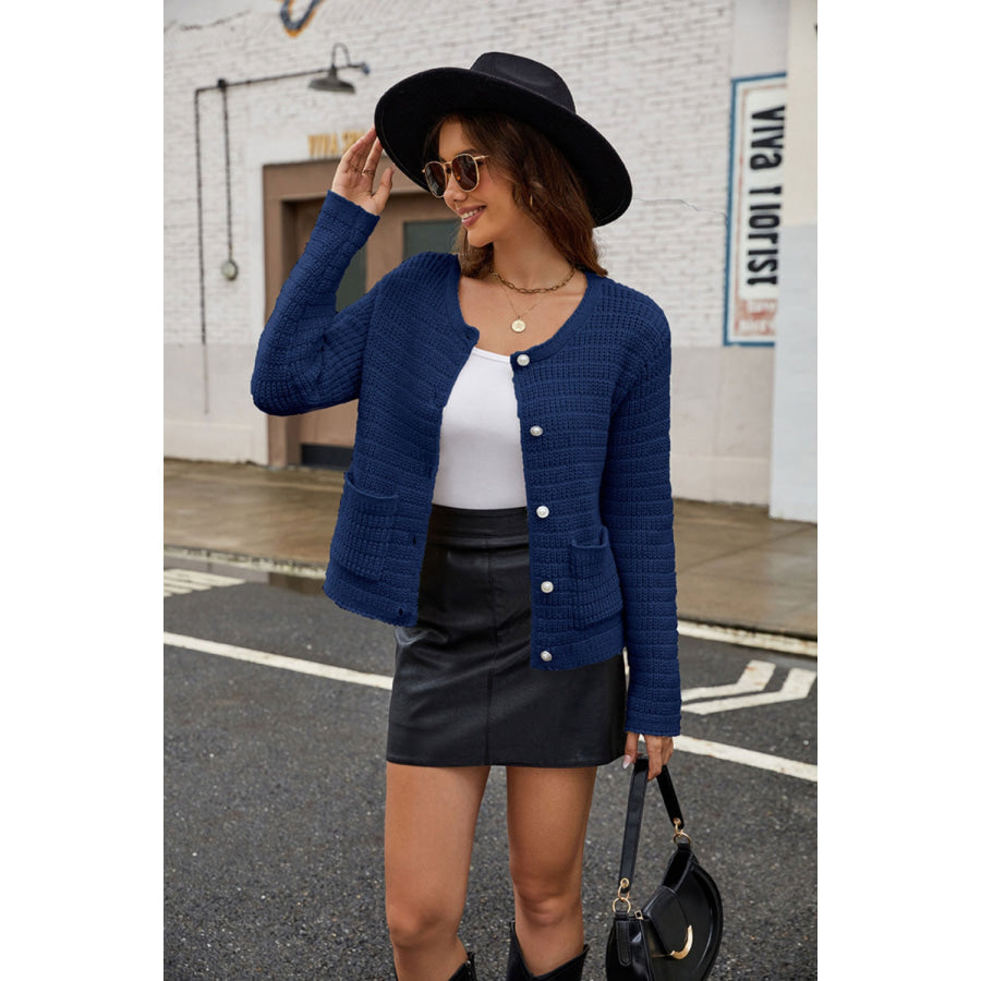 Round Neck Button Up Cardigan with Pockets Apparel and Accessories