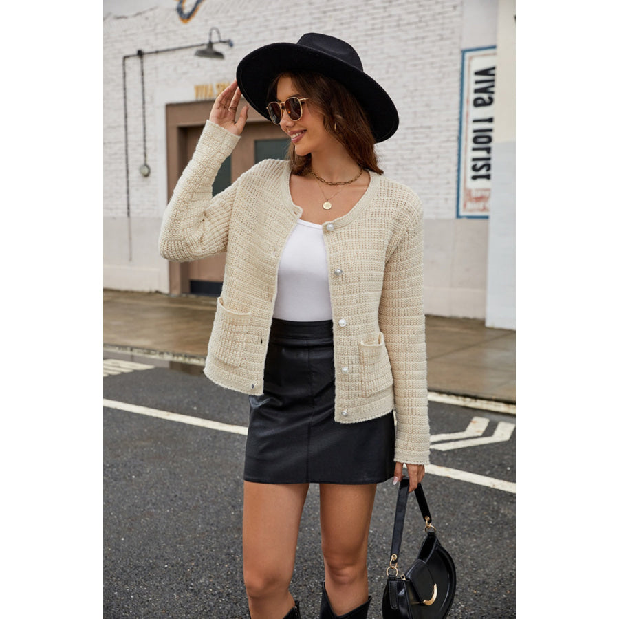 Round Neck Button Up Cardigan with Pockets Apparel and Accessories