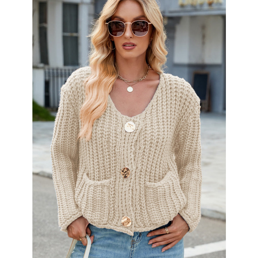 Round Neck Button Up Cardigan with Pockets Apparel and Accessories