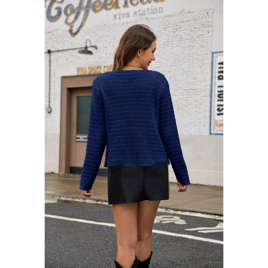 Round Neck Button Up Cardigan with Pockets Apparel and Accessories