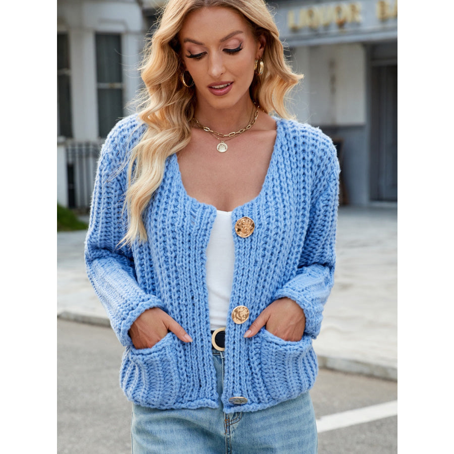 Round Neck Button Up Cardigan with Pockets Apparel and Accessories