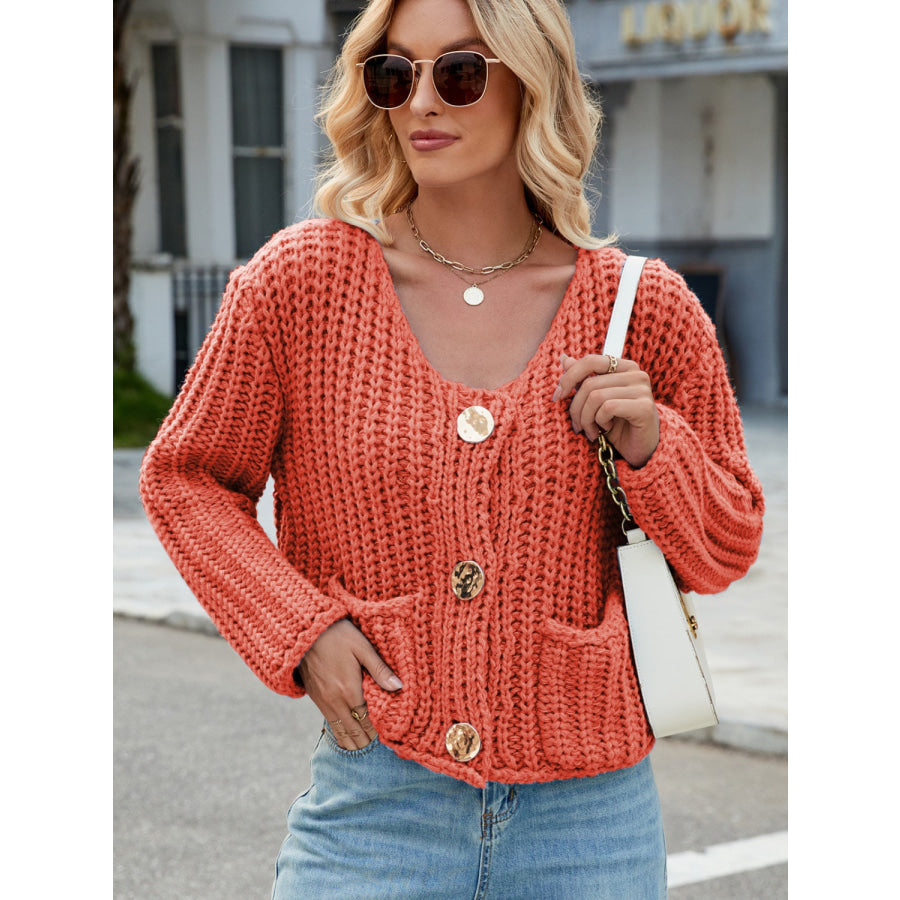 Round Neck Button Up Cardigan with Pockets Apparel and Accessories