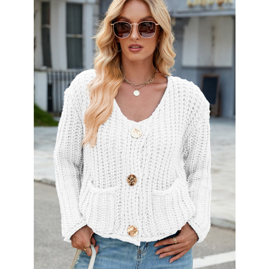 Round Neck Button Up Cardigan with Pockets Apparel and Accessories