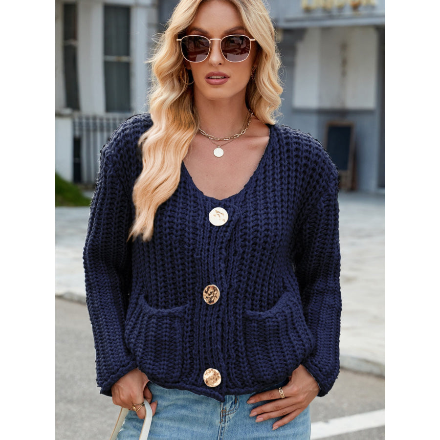 Round Neck Button Up Cardigan with Pockets Apparel and Accessories