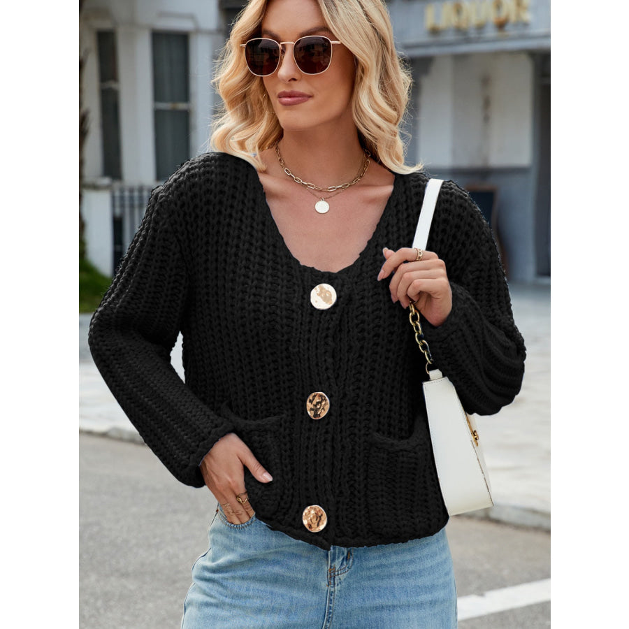 Round Neck Button Up Cardigan with Pockets Apparel and Accessories