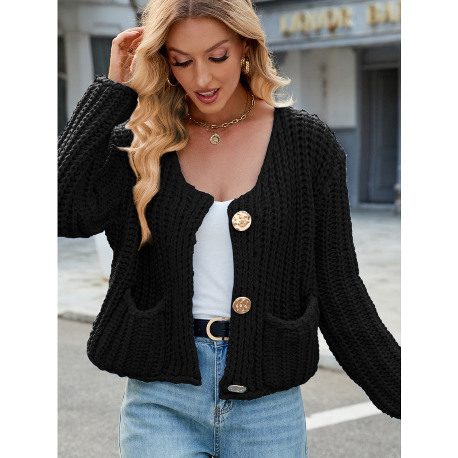 Round Neck Button Up Cardigan with Pockets Apparel and Accessories