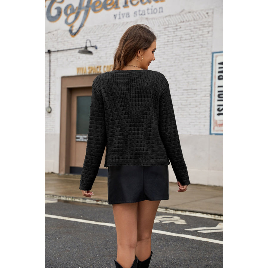 Round Neck Button Up Cardigan with Pockets Apparel and Accessories