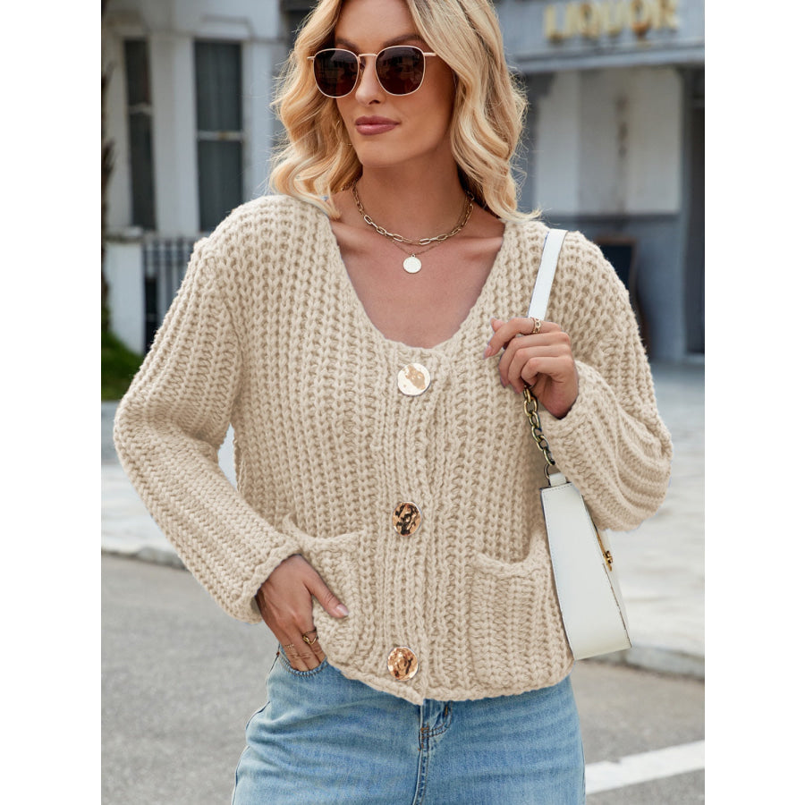 Round Neck Button Up Cardigan with Pockets Beige / S Apparel and Accessories