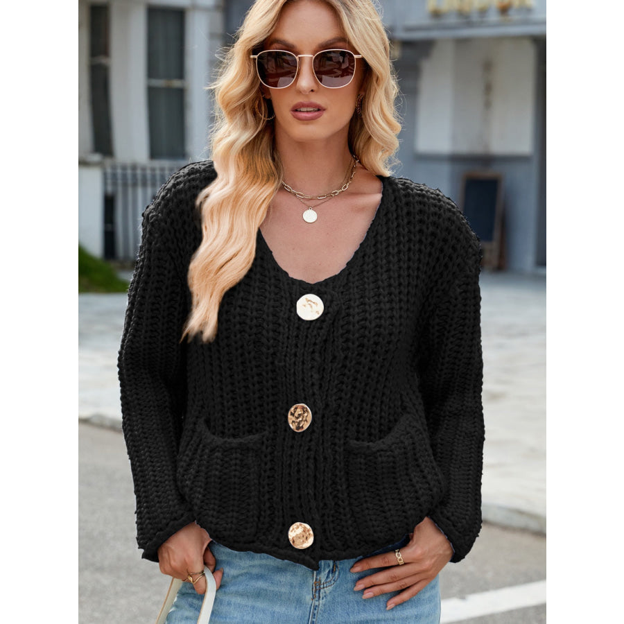 Round Neck Button Up Cardigan with Pockets Black / S Apparel and Accessories