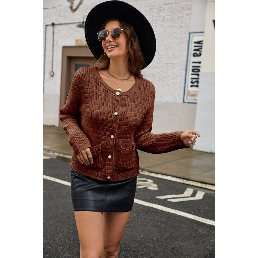 Round Neck Button Up Cardigan with Pockets Brown / S Apparel and Accessories