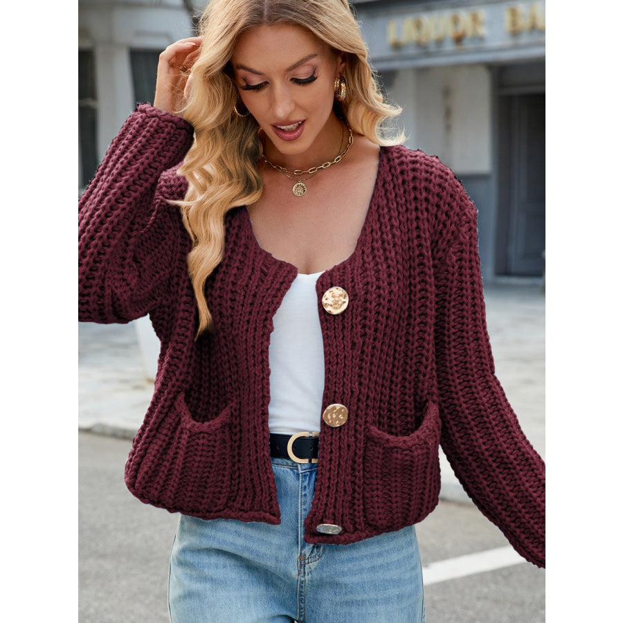 Round Neck Button Up Cardigan with Pockets Burgundy / S Apparel and Accessories