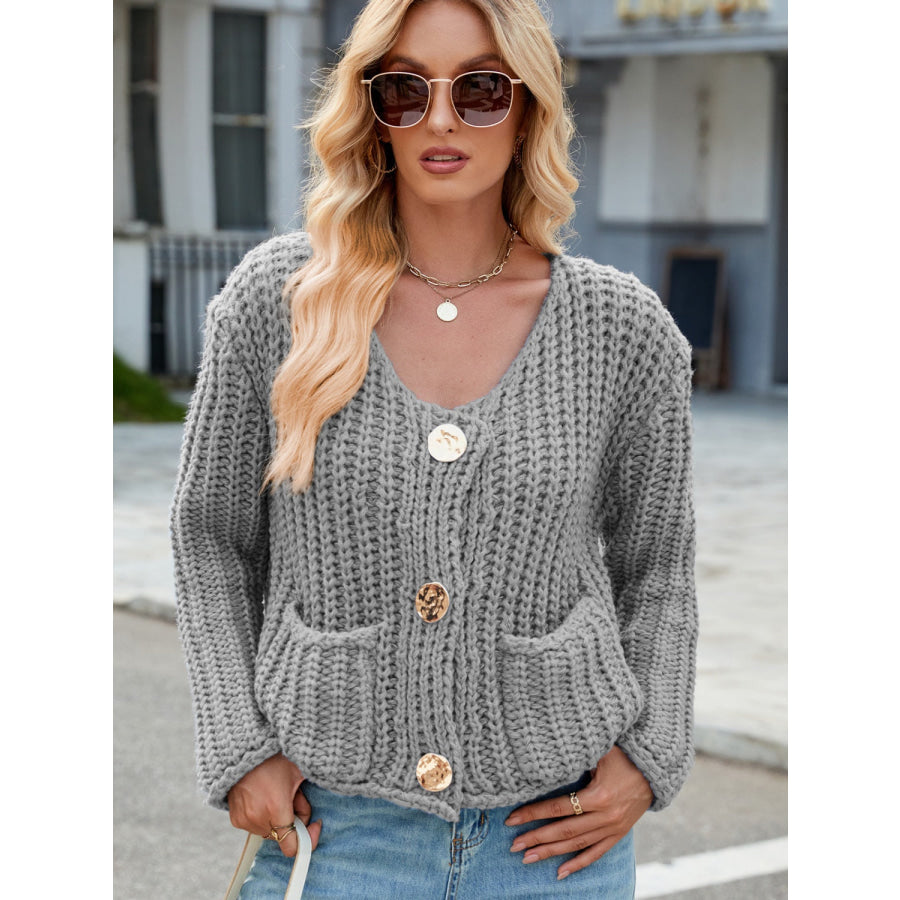 Round Neck Button Up Cardigan with Pockets Gray / S Apparel and Accessories