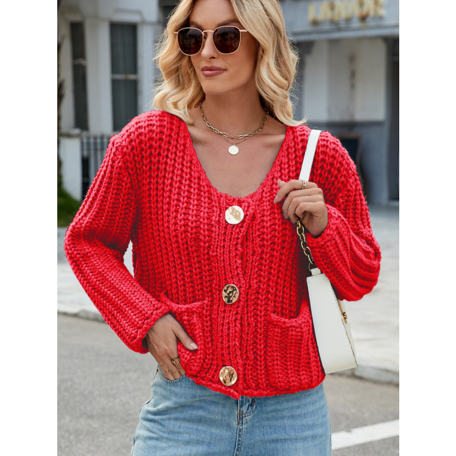 Round Neck Button Up Cardigan with Pockets Orange-Red / S Apparel and Accessories